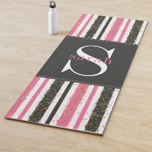 Modernes Schwarz-Rosa-Streifen-Glitzer Monogram Yogamatte