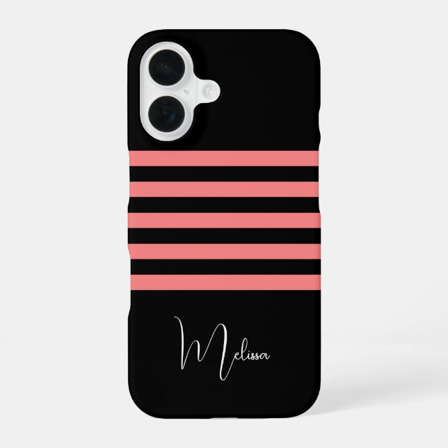 Modernes Schwarz Rosa Streifen Mit Monogramm iPhone 16 Hülle (Rückseite)