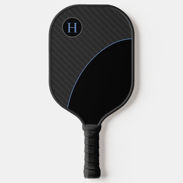 Modernes Schwarz und Blau mit Streifen Monogramm Pickleball Schläger (Vorderseite)