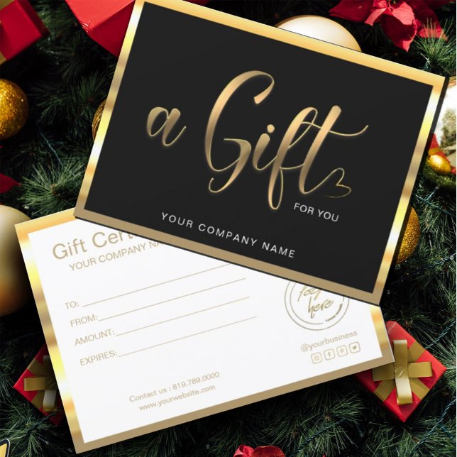 Modernes Schwarz und Gold | Logo-Geschenkgutschein (elegant gift certificate features a dark black background, with gold handwritten script typography.)