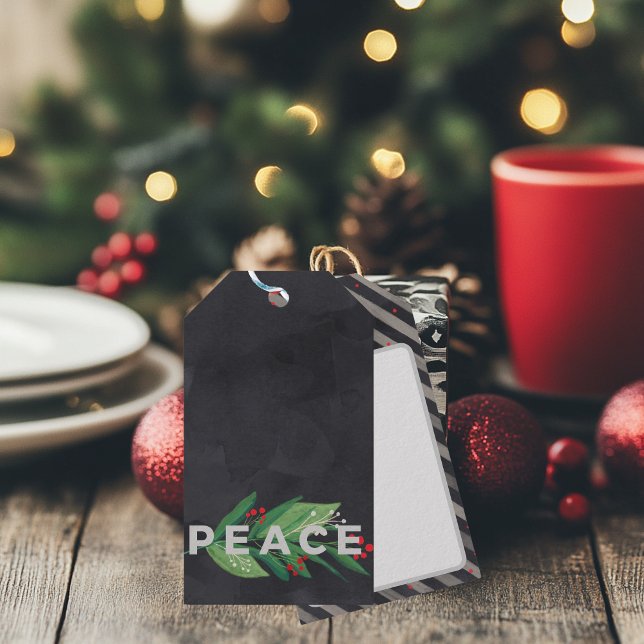 Modernes Schwarz und Grün mit Holly Berry Peace Geschenkanhänger (Peace Christmas Gift Tag)