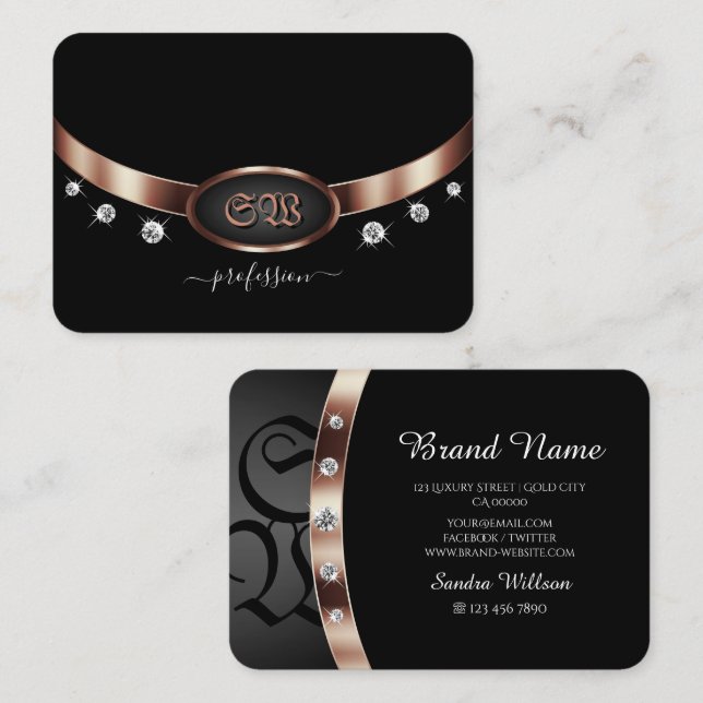Modernes Schwarz und Rose Gold mit Monogram Juwele Visitenkarte (Vorne/Hinten)