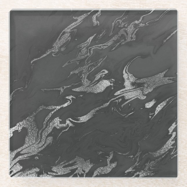 Modernes Schwarz- und Silbermarmormuster Glasuntersetzer (Vorderseite)