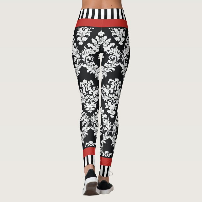 Modernes Schwarz-Weiß-Damast-Muster rot Leggings (Rückseite)