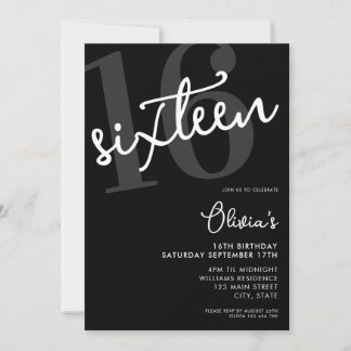 Modernes Schwarz-Weiß-Elegant zum 16. Geburtstag Einladung