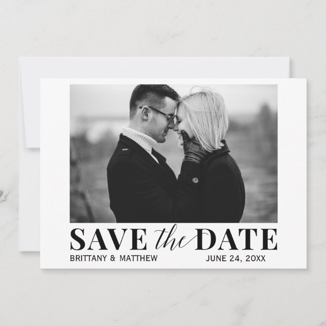 Modernes Schwarz-Weiß-Foto Trendy Save the Date (Vorderseite)