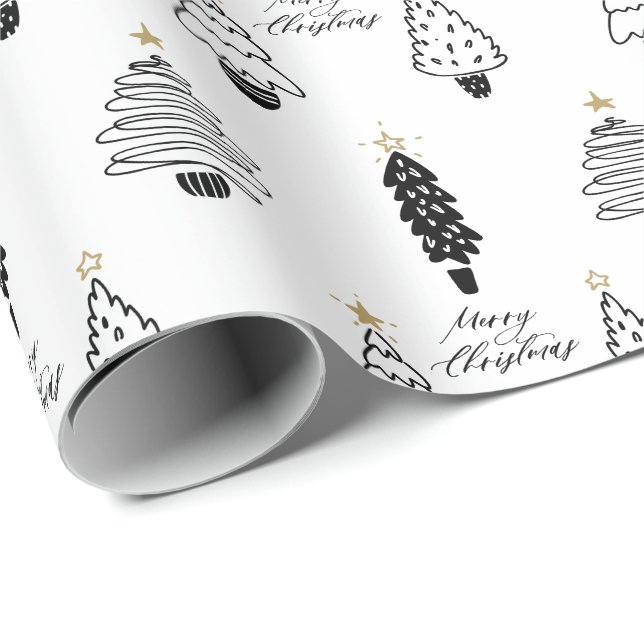 Modernes Schwarz & Weiß frohe Weihnachtsbaum Wrapp Geschenkpapier (Rolleneckpunkt)