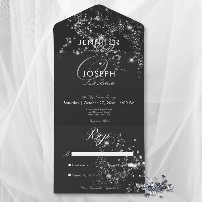 Modernes Schwarz & Weiß Glach Diamond Kein Abendes All In One Einladung (Modern Black & White Glam Diamonds No Dinner All In One Invitation)