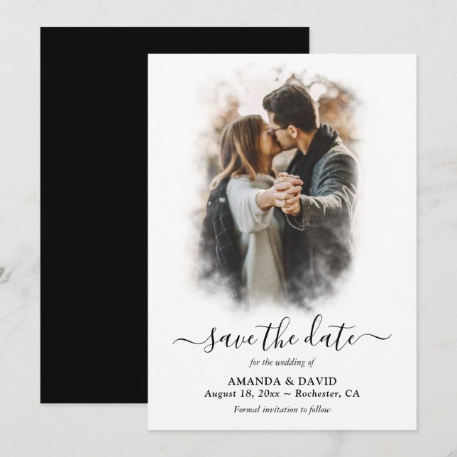 Modernes Schwarz-Weiß-Hochzeitssemble-Foto Save th The Date (Vorne/Hinten)