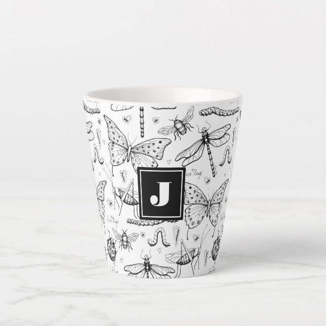 Modernes Schwarz-Weiß-Insekt-Illustrationsmonogram Milchtasse (Vorderseite)