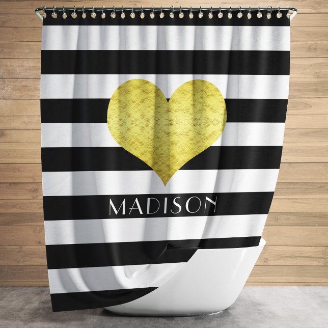 Modernes Schwarz-Weiß-Muster Duschvorhang (Gold Heart Black White Stripes Pattern Name Shower Curtain)