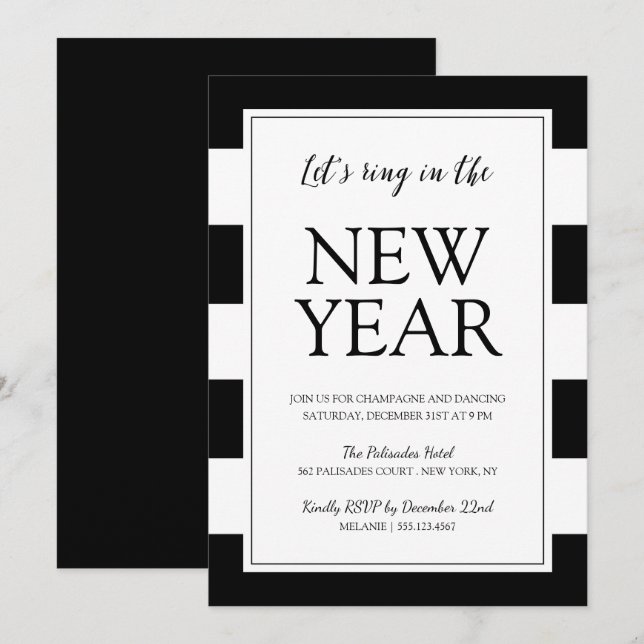 Modernes Schwarz-Weiß-Neujahrsfest-Party lädt ein Einladung (Vorne/Hinten)