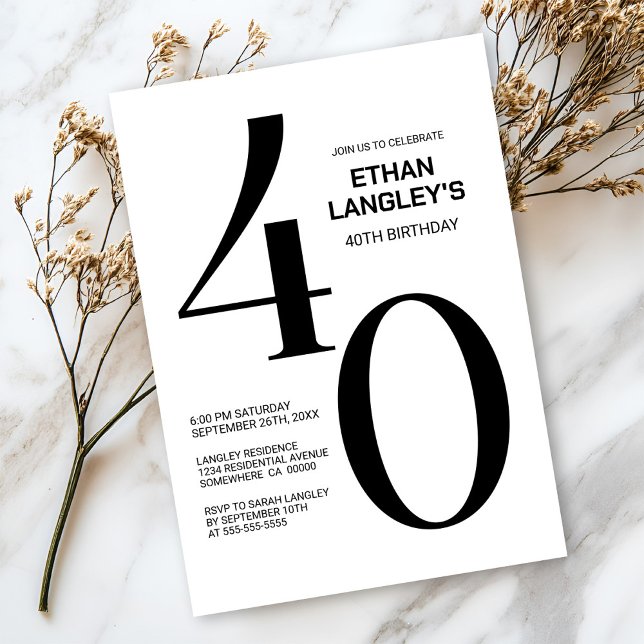 Modernes Schwarz-Weiß-Party 40. Geburtstag Einladung (Von Creator hochgeladen)