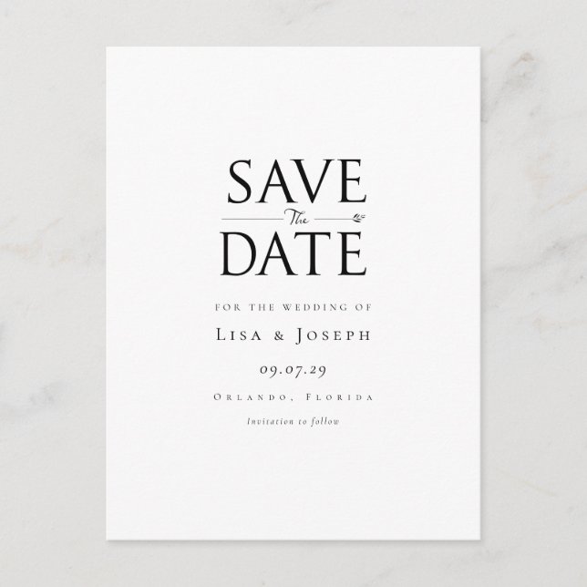 Modernes Schwarz-Weiß-Save the Date Postkarte (Vorderseite)