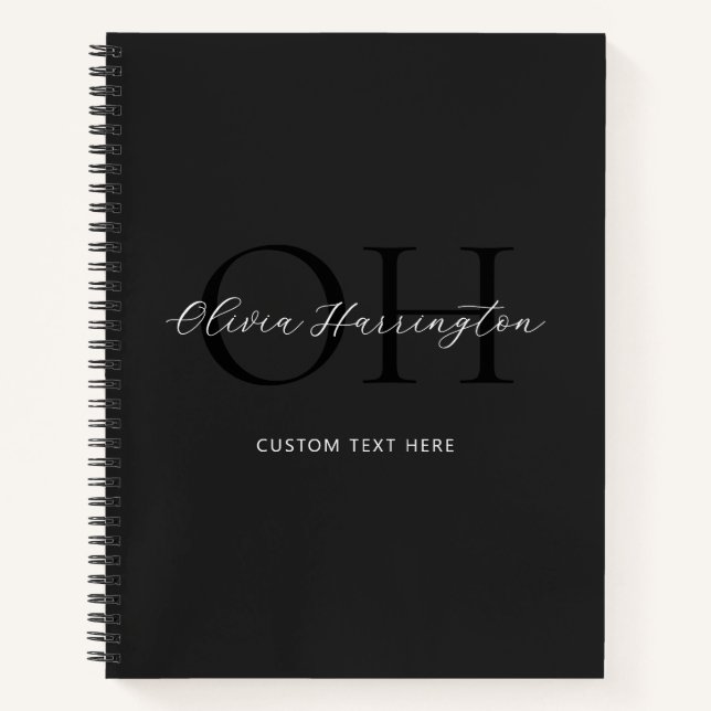 Modernes Schwarz-Weiß-Script-Monogramm Notizbuch (Vorderseite)