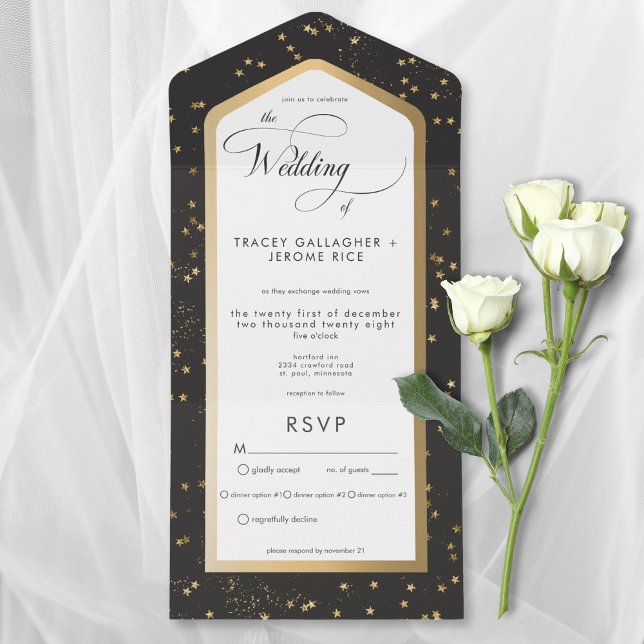Modernes Schwarz-Weiß-Stargolddinner All In One Einladung (Modern Black & White Starry Gold All In One Wedding Invitation with Dinner Options)