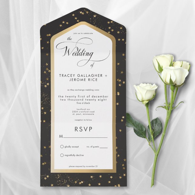 Modernes Schwarz & Weiß Stargoldnr kein Abendessen All In One Einladung (Modern Black & White Starry Gold All In One Wedding Invitation without Dinner Options)
