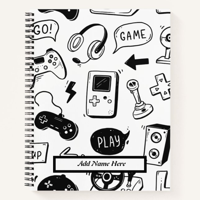 Modernes Schwarz-Weiß-Videospiel-Muster Notizbuch (Vorderseite)