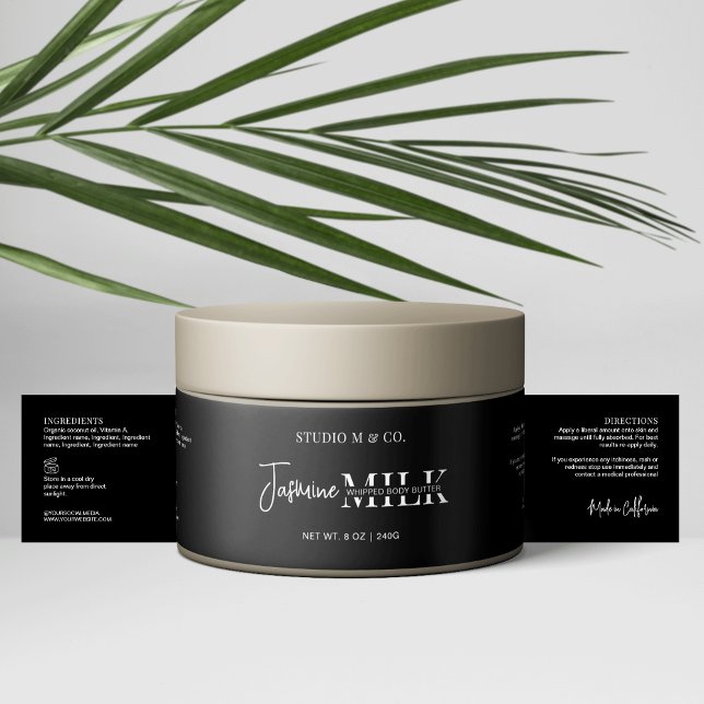 Modernes Schwarz-weißes Bath Body Jar Wrapper Labe Wasserflaschenetikett (Modern black and white bath and body product jar bellyband style label)