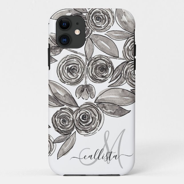 Modernes Schwarz-weißes Blumenfarbenmonogramm Case-Mate iPhone Hülle (Rückseite)