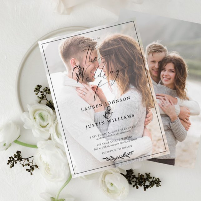 Modernes Schwarz-weißes Botanisches Script Vellum  Einladung (Von Creator hochgeladen)