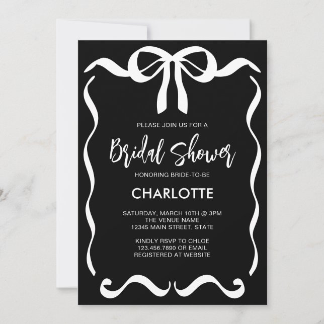 Modernes Schwarz-weißes Brautparty mit Ribbon-Bow Einladung (Vorderseite)