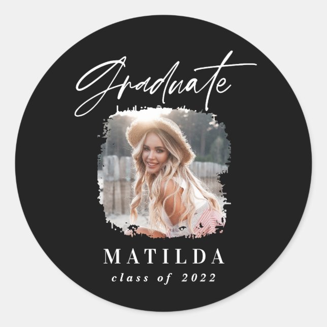 Modernes Schwarz-weißes Drehbuch Foto Eleganter Ab Runder Aufkleber (Vorderseite)