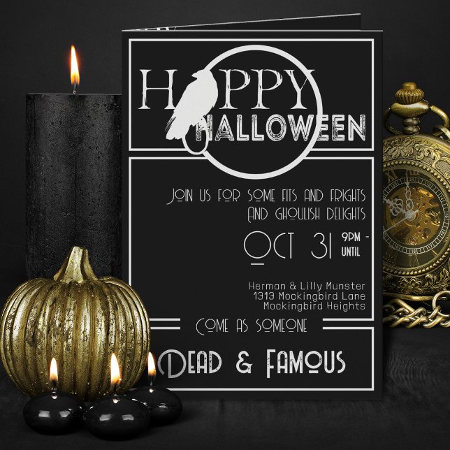 Modernes Schwarz-weißes elegantes Halloween-Party  Einladung (Elegant Black And White Adult Halloween Party Invitations)