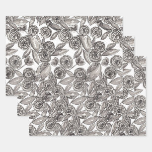 Modernes Schwarz-weißes Floral-Aquarellmuster Geschenkpapier Set