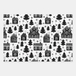 Modernes Schwarz-weißes Lebkuchenhaus Weihnachten Geschenkpapier Set