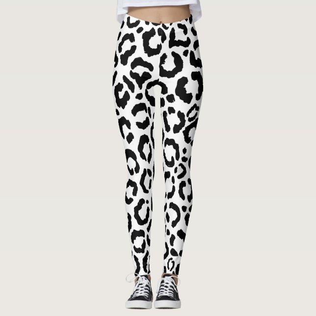 Modernes Schwarz-weißes Leopard-Muster für Tierdru Leggings (Vorderseite)