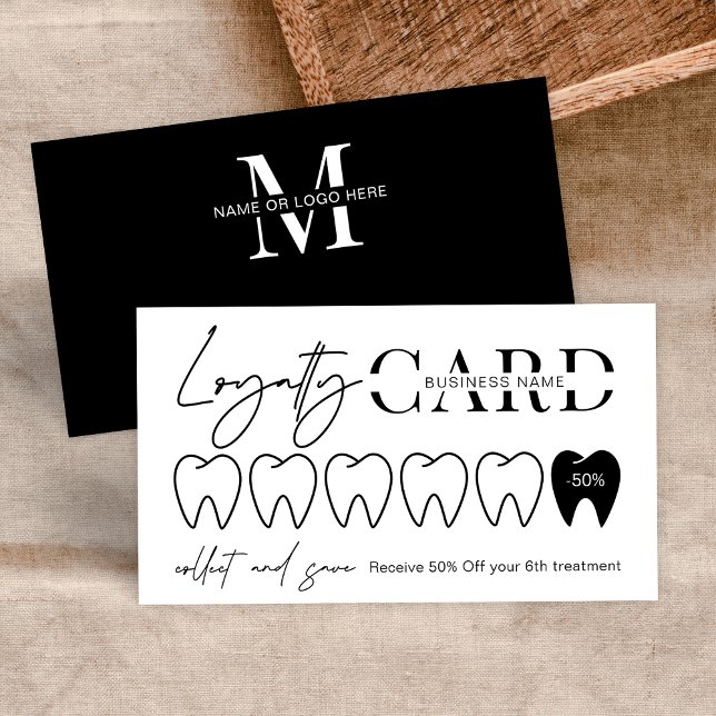 Modernes Schwarz-weißes Logo Zahnarzt Treuekarte (Minimalist loyalty card design for dentist or orthodontist in a modern black and white design)