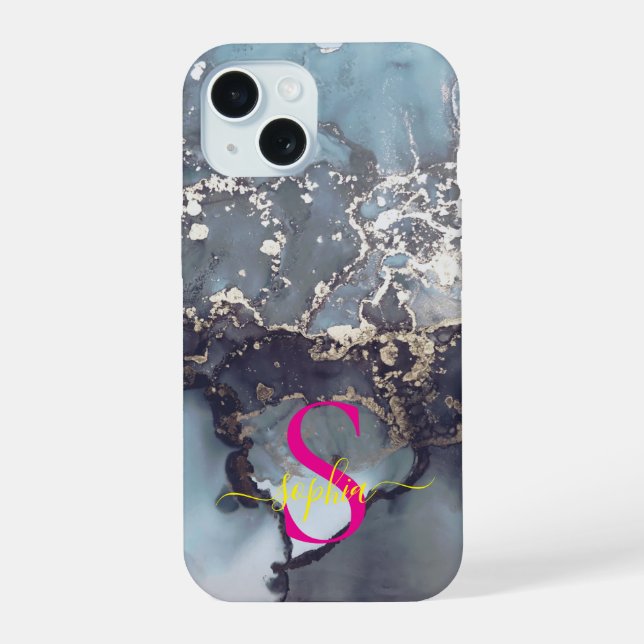 modernes schwarz-weißes Marmor-Monogramm iPhone 15 Hülle (Rückseite)
