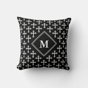 Modernes Schwarz-weißes Monochrome CROSS Monogramm Kissen