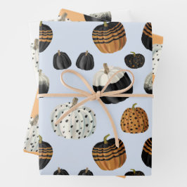 Modernes Schwarz-weißes Orange Pumpkin Pattern Geschenkpapier Set