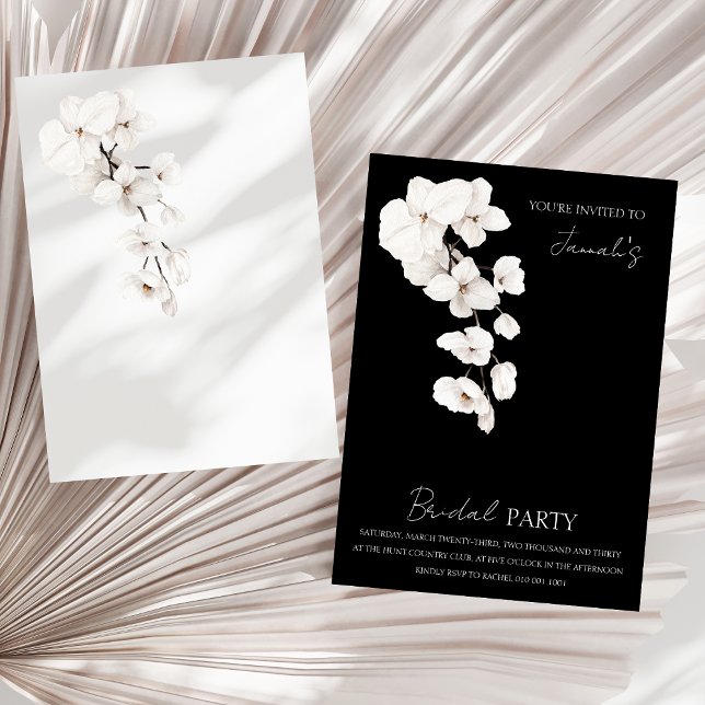 Modernes Schwarz-weißes Orchideen-Brautparty Einladung (Modern Black White Orchids Floral Bridal Party Invitation)