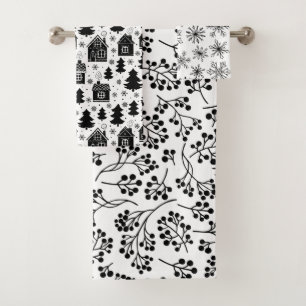 Modernes Schwarz-weißes Schneeflocken Berries Ingw Badhandtuch Set