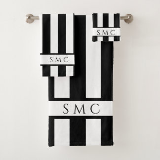 Modernes, Schwarz-weißes Strickbad Monogram Badhandtuch Set