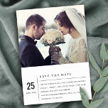 MODERNES SCHWARZ-WEISSES TYPOGRAFISCHES FOTO SAVE  ANKÜNDIGUNGSPOSTKARTE<br><div class="desc">Eine perfekte Hochzeitskollektion für diejenigen, die ein geschmackvoll eingerichtetes, modernes, skandinavisches Minimalthema suchen. Personalisieren Sie es mit Ihrem Namen, Ihrem Hochzeitsdatum, und vergewissern Sie sich, dass Sie eine besondere Nachricht. Viele Designs zur Auswahl und viele Gegenstände, mit denen man sich abstimmen kann. Erhältlich in 4 Hintergrundfarben: schwarz, weiß, schwarz auf...</div>