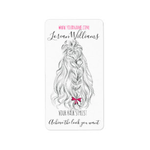 Modernes Schwarz-weißes Wavy Hair Pink Bow Hairsty Adressaufkleber