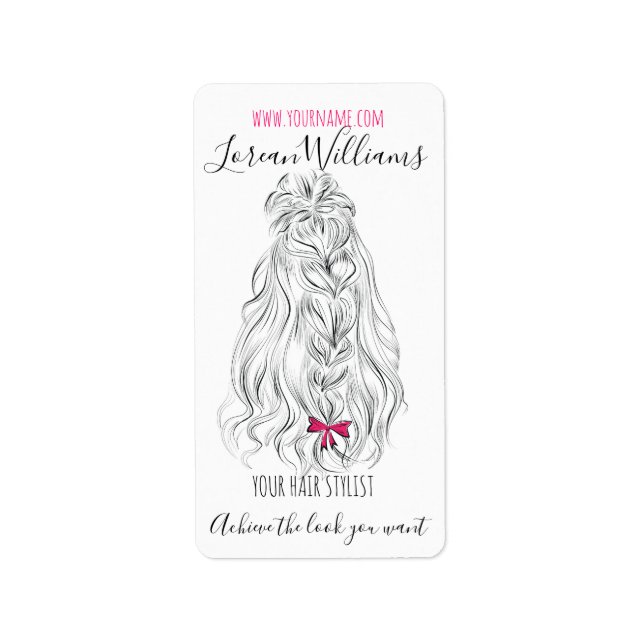 Modernes Schwarz-weißes Wavy Hair Pink Bow Hairsty Adressaufkleber (Vorne)