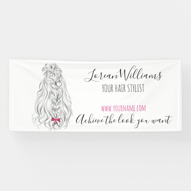 Modernes Schwarz-weißes Wavy Hair Pink Bow Hairsty Banner (Horizontal)