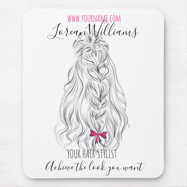 Modernes Schwarz-weißes Wavy Hair Pink Bow Hairsty Mousepad (Vorne)