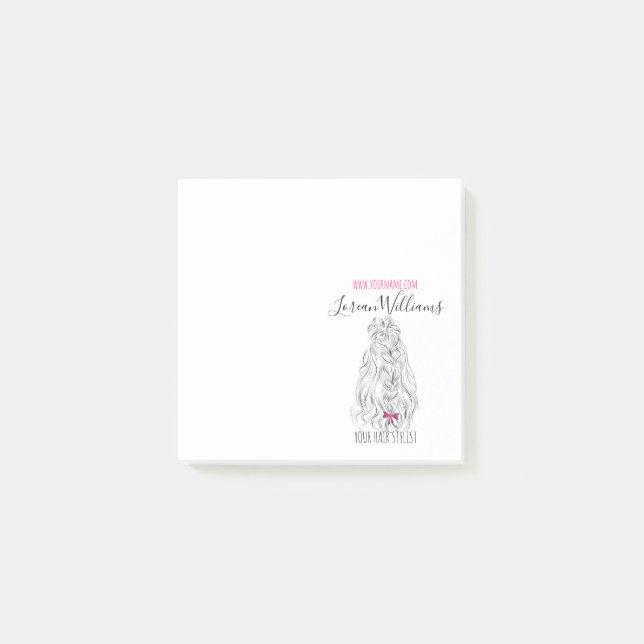 Modernes Schwarz-weißes Wavy Hair Pink Bow Hairsty Post-it Klebezettel (Vorderseite)