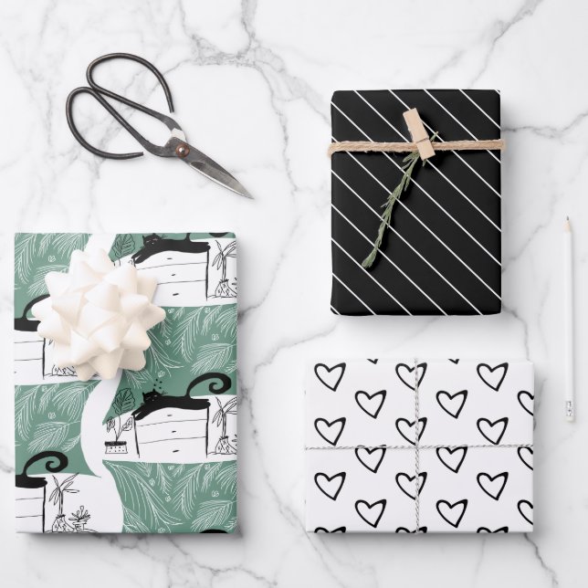 Modernes Schwarze Katze- und Pflanze-Muster Geschenkpapier Set (Vorderseite)