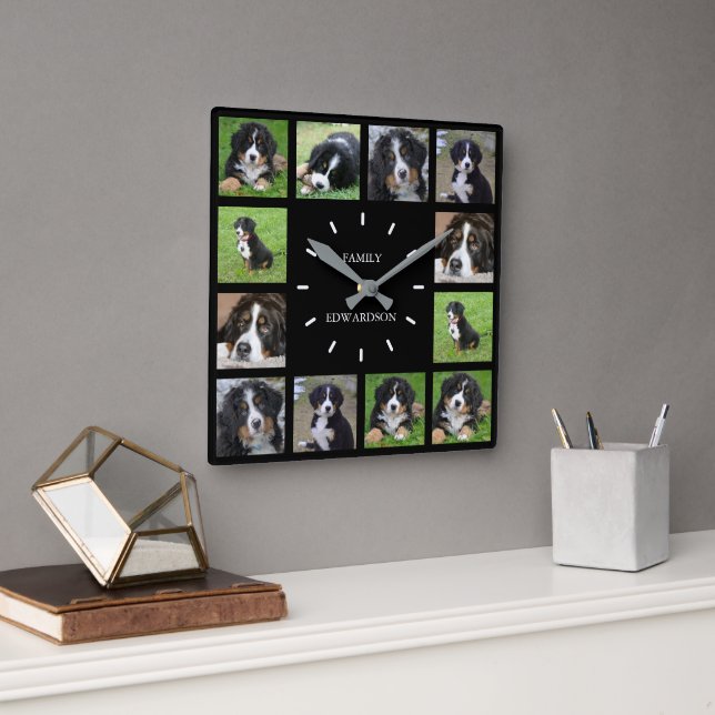 Modernes Schwarzer Hund-Foto-Sammelname Quadratische Wanduhr (Büro)