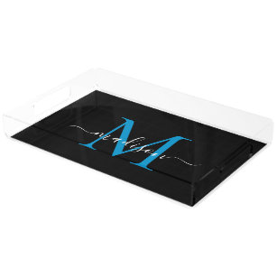 Modernes Schwarzer Ozean Blue Monogram Script Eleg Acryl Tablett