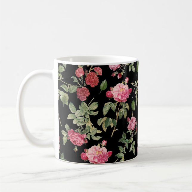 Modernes schwarzes Blumencreme Rosa Muster Kaffeetasse (Links)
