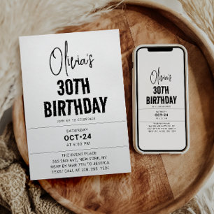 Modernes Schwarzes Drehbuch 30. Geburtstag Chic &  Einladung