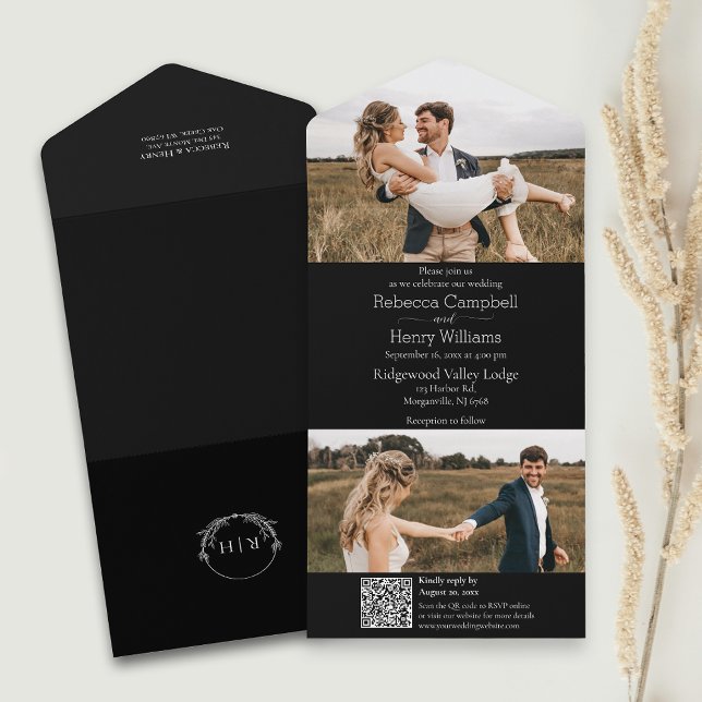 Modernes Schwarzes Foto | Monogramm | QR-Code All In One Einladung (Simplify your wedding with our all-in-one invitation – convenience and beauty in a single card.)